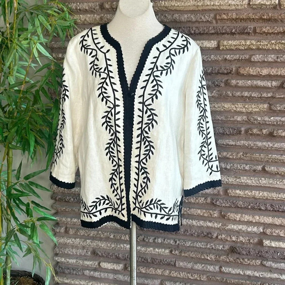 Linea by Louis Dell’Olio White Linen Black Embroidered Jacket Size XL - Picture 8 of 9